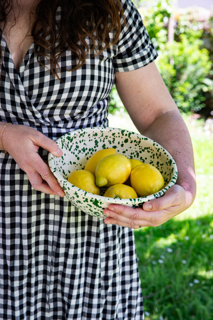 femme tenant un saladier émaillé de citrons