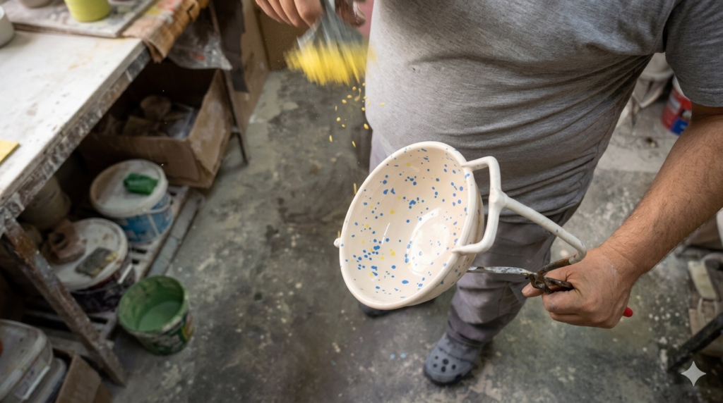 Artisan projetant l’émail coloré à la main sur une pièce EVA