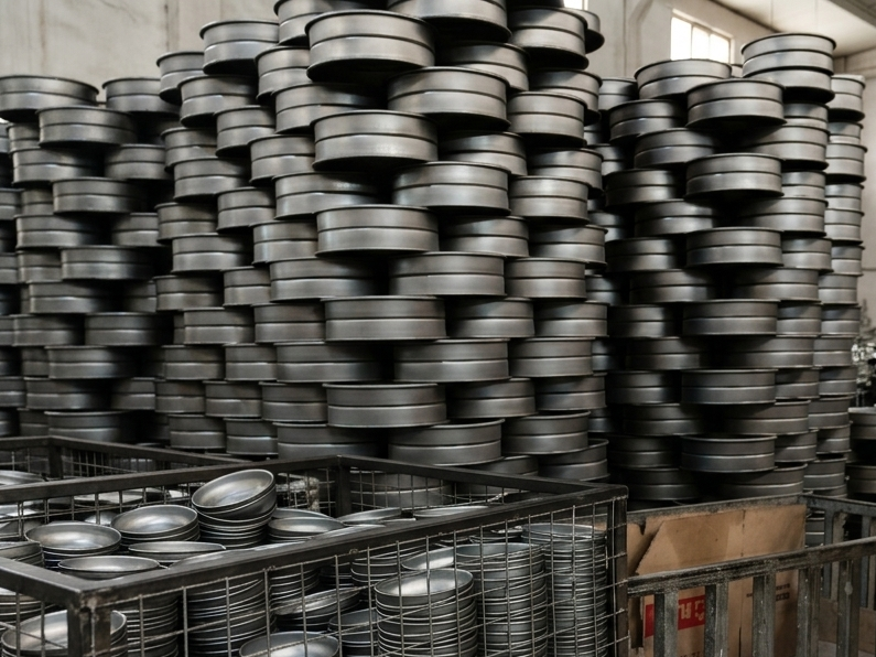 Pièces en acier brut en attente d'être émaillée dans l'atelier